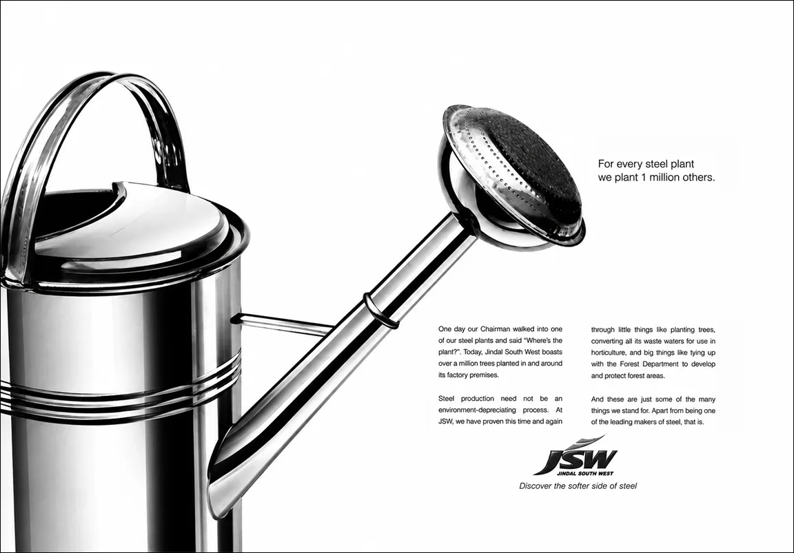 JSW Steel corporate print advertisement by Nabina Ghosh with a steel watering can visual and tree-planting line