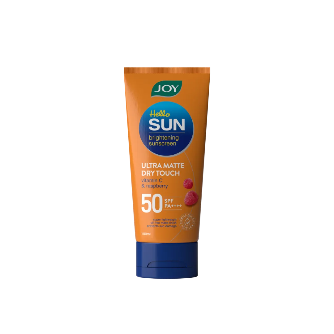 Joy Hello SUN brightening sunscreen SPF 50 — 3D variant render of orange and navy tube
