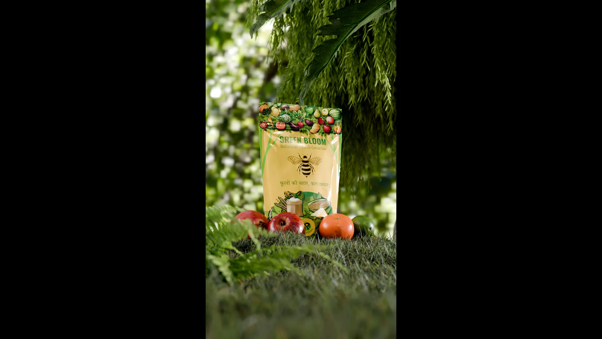 MitraSena Green Bloom organic input — 3D lifestyle render of stand-up pouch placed on grass with dense fern foliage backdrop