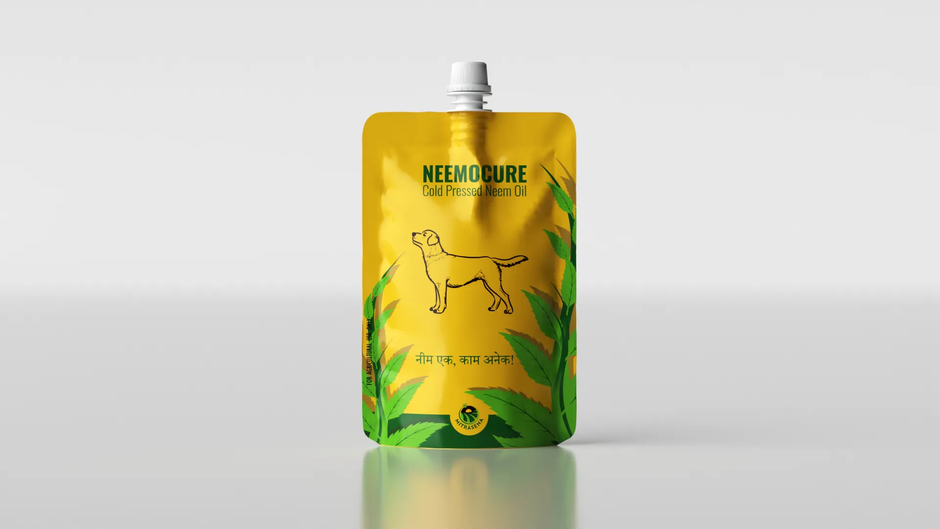 MitraSena Neemocure cold pressed neem oil — 3D render of yellow stand-up pouch with illustrated dog motif, Hindi tagline