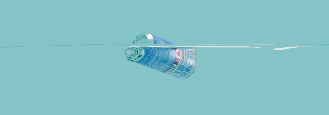 3D Visualisation of an aluminium soda can floating in water.