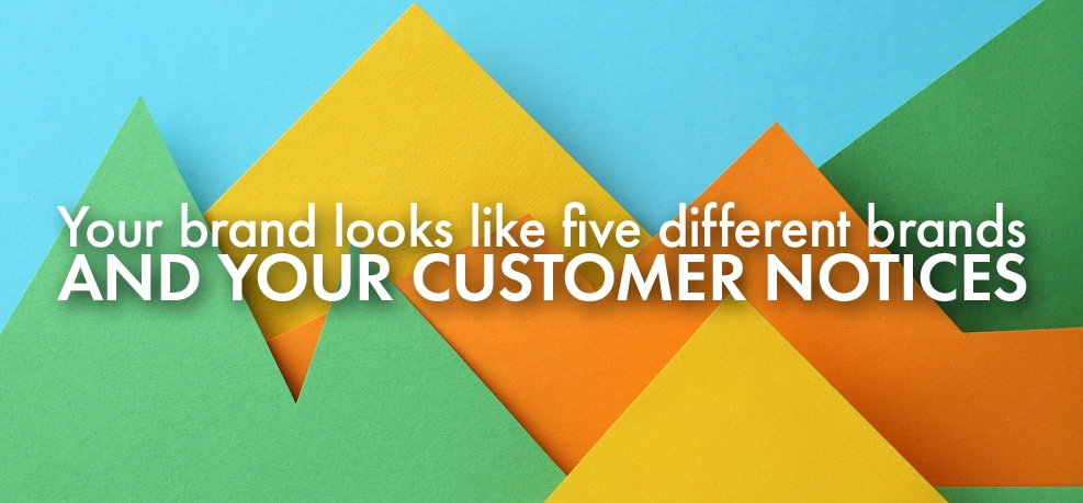 Abstract composition of overlapping green, yellow and orange paper shapes representing inconsistent brand identity.