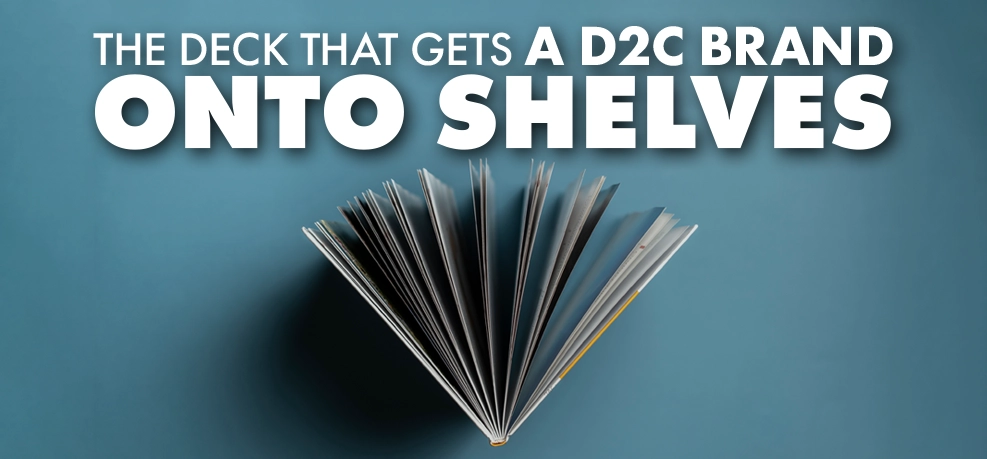 An open multi-page presentation deck against a blue background, representing the sales document that helps a D2C brand persuade retail buyers and get onto shelves.
