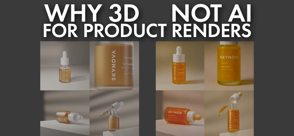 A comparison between consistent 3D product renders and AI-generated versions of the same product, showing how AI subtly changes proportions, labels and details from one image to the next.