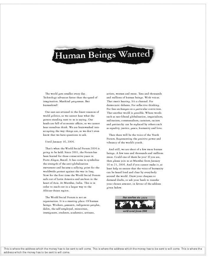 World Social Forum 2004 print ad — 'Human Beings Wanted' headline, long-copy invitation, Mumbai January 16–21 2004, typographic layout
